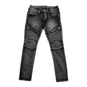 Rock Revival Moto Daviday Black Gray Slim Distressed Denim Jeans Mens 31